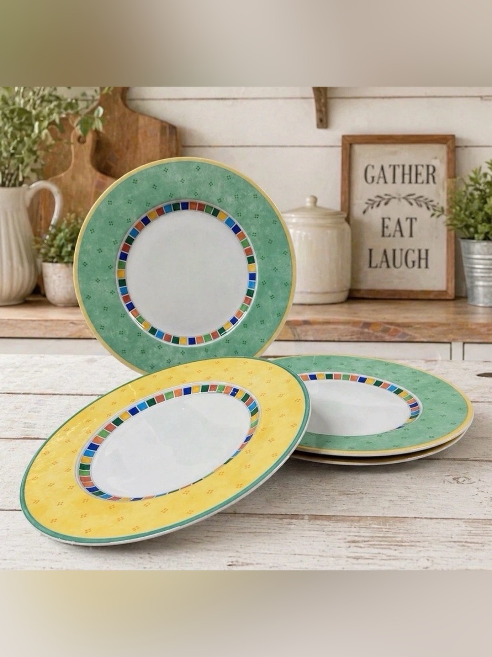 Villeroy & Boch Twist Alea Verde & Limone Dinner Plates Set 4 Germany 10.5”